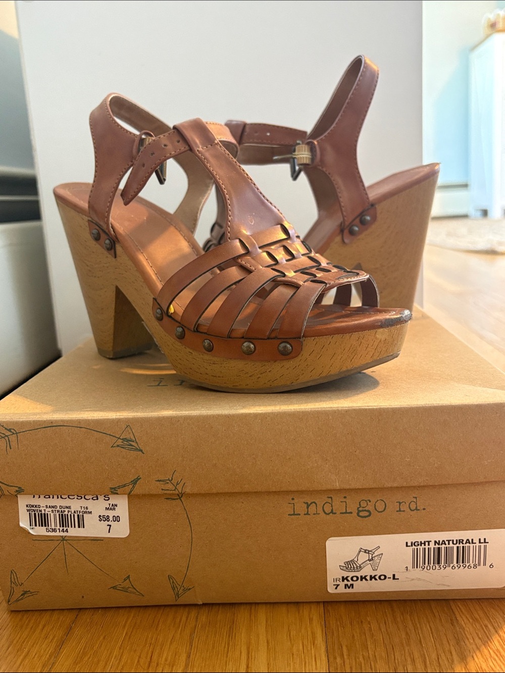 Indigo Woven Leather Platform Wedge Sandals in Light Brown